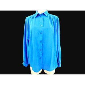 Vintage 80s Susan Hutton Blue Blouse 10 Shoulder Pads Gathered Long Sleeve
